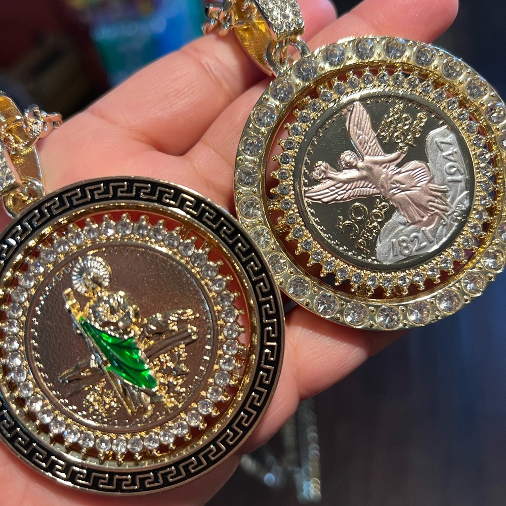 Gold and Silver Medallion Necklace with Green Accent